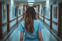 Young female medical worker with long brown hair wearing blue scrubs walks alone down empty hospital corridor, viewed from behind in atmospheric lighting.