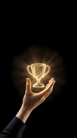 Hand holding glowing neon trophy symbol against dark background, representing success, achievement, and winning for business and competition concepts.