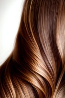 Close-up of glossy brown hair with caramel highlights showing smooth, wavy texture and natural shine against white background.