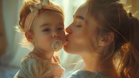 Young mother tenderly kissing toddler daughter with pacifier in warm sunlight, creating intimate family moment with soft golden backlight and gentle atmosphere.