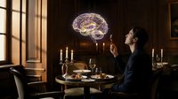 Young professional woman contemplating neuroscience research in elegant candlelit study room with floating brain anatomy visualization for medical education.