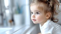 Toddler girl with light brown curly hair wearing white shirt gazes thoughtfully by bright window in modern home interior.