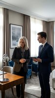 Professional business meeting between mature blonde woman and young businessman in modern hotel suite discussing corporate strategy and partnership.