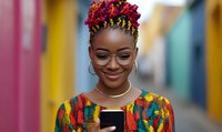 Young African woman with vibrant pink curly hair wearing glasses and colorful outfit smiling while using smartphone against blurred multicolored urban background.