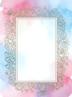 Watercolor frame with ornate floral border and hearts in pink and blue gradient colors, blank space for text or photos, wedding invitation design.
