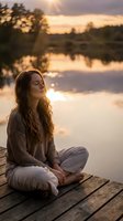 Young woman meditating in lotus position on wooden dock at sunset by peaceful lake. Serene mindfulness practice during golden hour for wellness and relaxation.