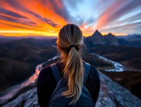Young woman with ponytail gazing at dramatic mountain sunset with winding river valley below, orange and purple sky creates atmospheric wilderness landscape.