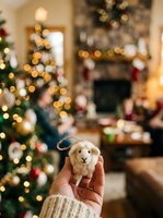Hand holding a small knitted sheep ornament in a cozy living room decorated with glowing holiday lights, garland, and festive fireplace mantel during winter celebrations.