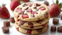 Stack of soft-baked cookies with fresh strawberry pieces and chocolate chunks, homemade dessert treat for bakery menu or recipe blog content.
