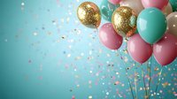 Festive party balloons in pink, mint green and gold glitter floating with confetti against turquoise background. Celebration and holiday atmosphere.