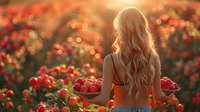 Young woman with long blonde hair holding baskets of freshly picked tomatoes in a vibrant field at golden hour sunset.