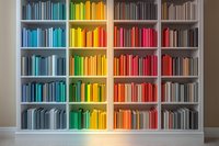 Books arranged by color spectrum on white bookshelf creating rainbow pattern from blue through yellow to red. Modern interior design with organized library collection.