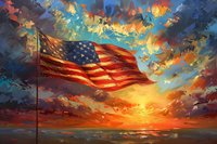 American flag waving against dramatic sunset sky with vibrant orange clouds and reflective water surface, patriotic scene with dynamic lighting effects.