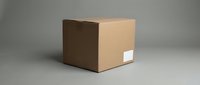 Brown cardboard shipping box with white label on neutral background for e-commerce delivery and packaging mockup designs.