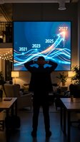 Businessman silhouette viewing growth chart projection with years 2021 to 2027 on large screen in modern office space for strategic planning presentations.