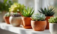 Collection of small potted succulents and cacti arranged on white windowsill with natural light, creating a minimalist indoor garden display.