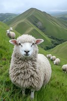 Curious white sheep with thick wool coat grazing on green hillside, other sheep in background against dramatic mountain landscape with rolling hills.