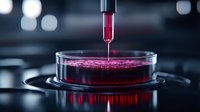 Laboratory petri dish with red liquid and droplet falling from pipette in dark scientific setting with bokeh lights, dramatic medical research composition.