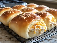 Fresh baked bread rolls with sesame seeds and cheese filling arranged on cooling rack, showing soft flaky layers and golden brown crust with melted cheese.