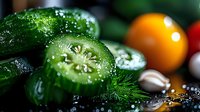 Fresh sliced jalapeno peppers with water drops, dill herbs, and citrus fruits in dark moody lighting, macro food photography for restaurant menu design.