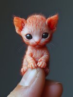 Tiny orange kitten art doll with big eyes and detailed fur texture sitting on finger against dark background, showing delicate handcrafted features and miniature scale.
