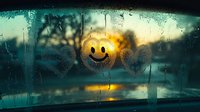 Yellow smiley face drawn on foggy car window with raindrops during sunset creating warm atmospheric mood for positivity and happiness concepts.