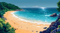 Tranquil secluded bay with golden sand beach, turquoise ocean waves, rocky cliffs and lush tropical vegetation under bright summer sky. Scenic coastal landscape.