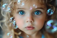 Young girl with bright blue eyes and blonde curly hair gazes upward while iridescent soap bubbles float around her in dreamy atmospheric portrait.
