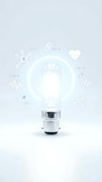 Glowing light bulb surrounded by digital healthcare icons including heartbeat, medical symbols, and binary code on white background.