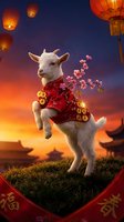 White goat in traditional red outfit with cherry blossoms and lanterns for Chinese New Year celebration against sunset sky for festive greeting cards.