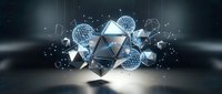 Futuristic geometric shapes with glowing spheres and triangular forms floating in digital space with light effects and particles for technology concepts.