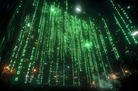 Digital binary code streams falling in green neon light against dark background, creating futuristic matrix effect for technology and cybersecurity concepts.