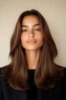 Young woman with natural freckles and long brunette hair against neutral beige background, wearing black top for beauty and fashion advertising.