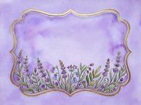 Lavender flowers with gold ornamental frame on purple watercolor background, suitable for greeting cards, invitations, and decorative design projects.
