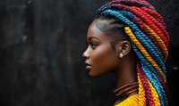 Young African woman with vibrant rainbow colored braids wearing yellow top and necklace, side profile portrait against dark background. Stylish ethnic hairstyle.