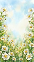 Watercolor daisy meadow border with soft blue sky, green foliage, and yellow wildflowers, framing a blank center for text or design.