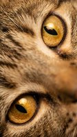 Close-up macro shot of golden amber cat eyes with detailed fur texture showing feline gaze and whiskers for pet photography and animal portraits.
