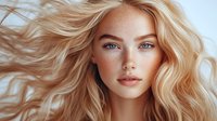 Young woman with flowing blonde wavy hair and natural makeup against light background, soft beauty portrait with focus on blue eyes and freckled skin.