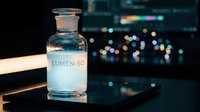 Laboratory glass bottle with clear liquid against blurred city lights background. Scientific research and pharmaceutical development concept for medical testing.