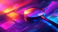 Magnifying glass on digital circuit board with vibrant neon lighting in pink, purple and blue colors creating futuristic cybersecurity concept background.
