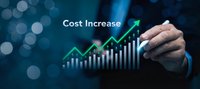 Cost increase concept with rising bar chart and arrow, businessman pointing at financial growth graph on dark blue background.