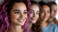 Young diverse women smiling and looking at camera, focus on woman with purple hair in foreground, blurred group in background. Natural genuine expressions.