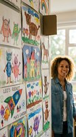Young African American female teacher smiling proudly next to colorful children's artwork display wall in bright classroom setting for education content.
