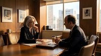 Two professionals in business attire engaged in discussion at wooden conference table in modern high-rise office with city skyline view through windows, suitable for corporate, leadership, and business communication concepts.