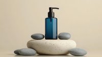 Blue glass pump bottle on zen stones arrangement against neutral background, minimalist spa composition for wellness, beauty and meditation concepts.