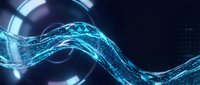 Abstract flowing digital wave with glowing cyan light particles and geometric grid pattern on dark background, representing technology, data flow, and innovation concepts.