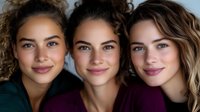 Three young diverse women with natural makeup smiling together in close portrait showing friendship and sisterhood bond for lifestyle campaigns.