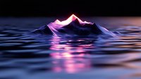 Glowing mountain peak reflection on dark rippling water surface with pink and purple neon light illumination creating mystical atmospheric scene.