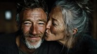 Senior Caucasian couple sharing intimate moment with woman kissing man's cheek. Mature love, romance and affection between elderly spouses in warm lighting.