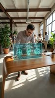 Professional businessman using holographic display showing sustainable energy concepts in modern eco-friendly office with green plants and natural lighting.
